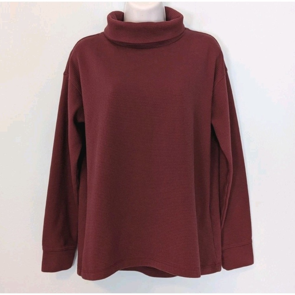 Lands' End Thermal Knit Waffle Top Women's Relaxed Medium Burgundy Funnel Neck